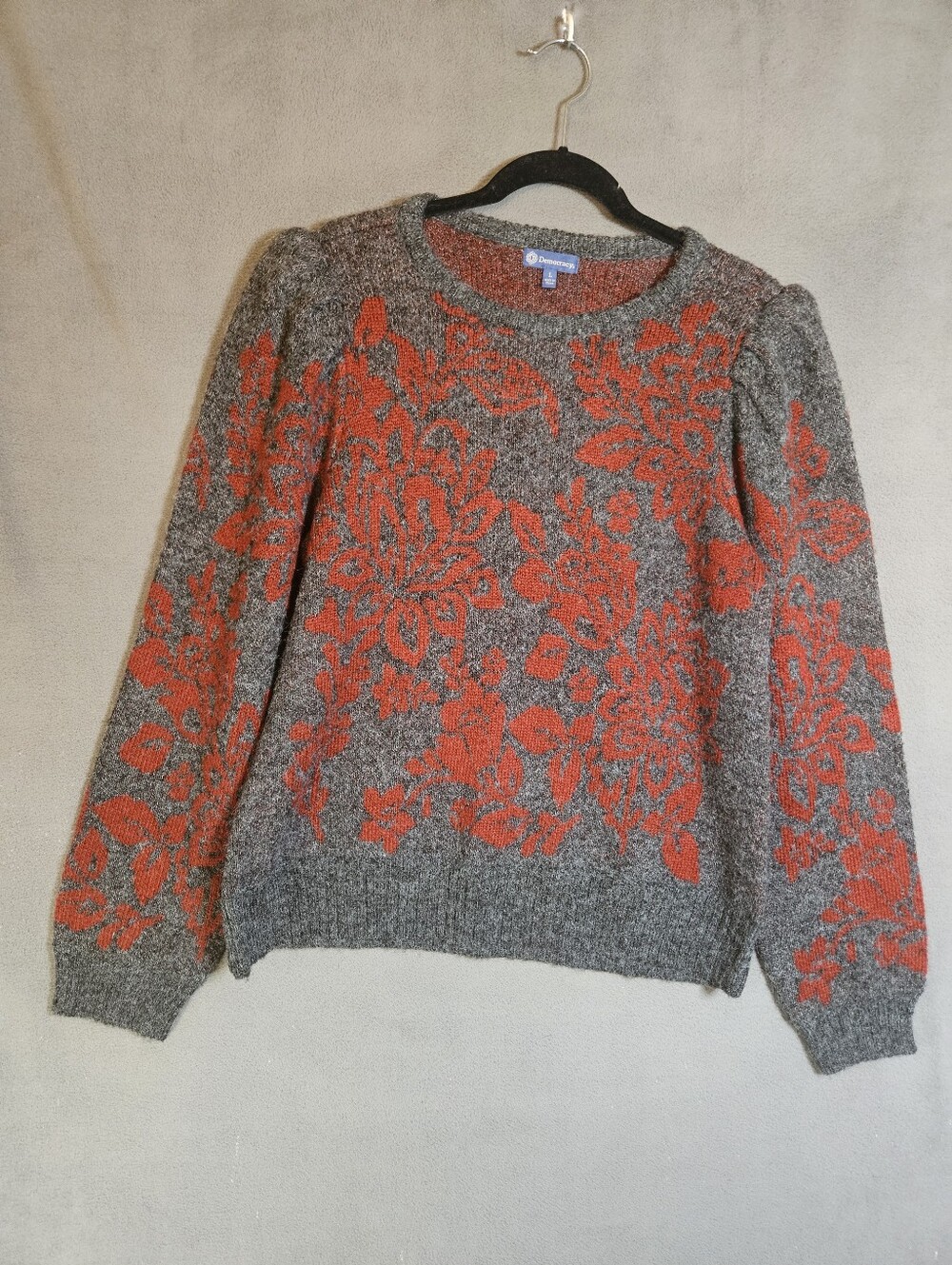 Democracy Womens Large Boho Sweatshirt Paisley Gray Burgundy Cottagecore Puff Sl